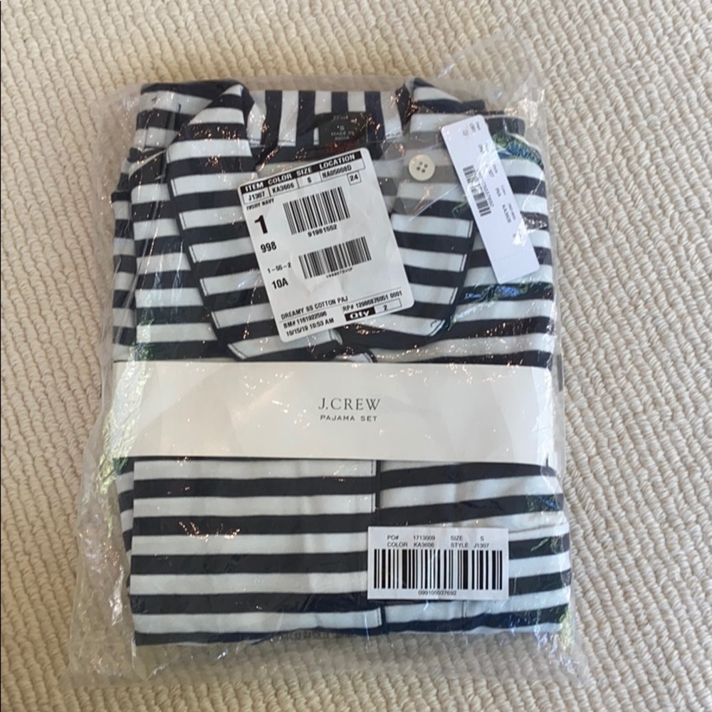 j crew navy and white short sleeve/shorts PJ set.